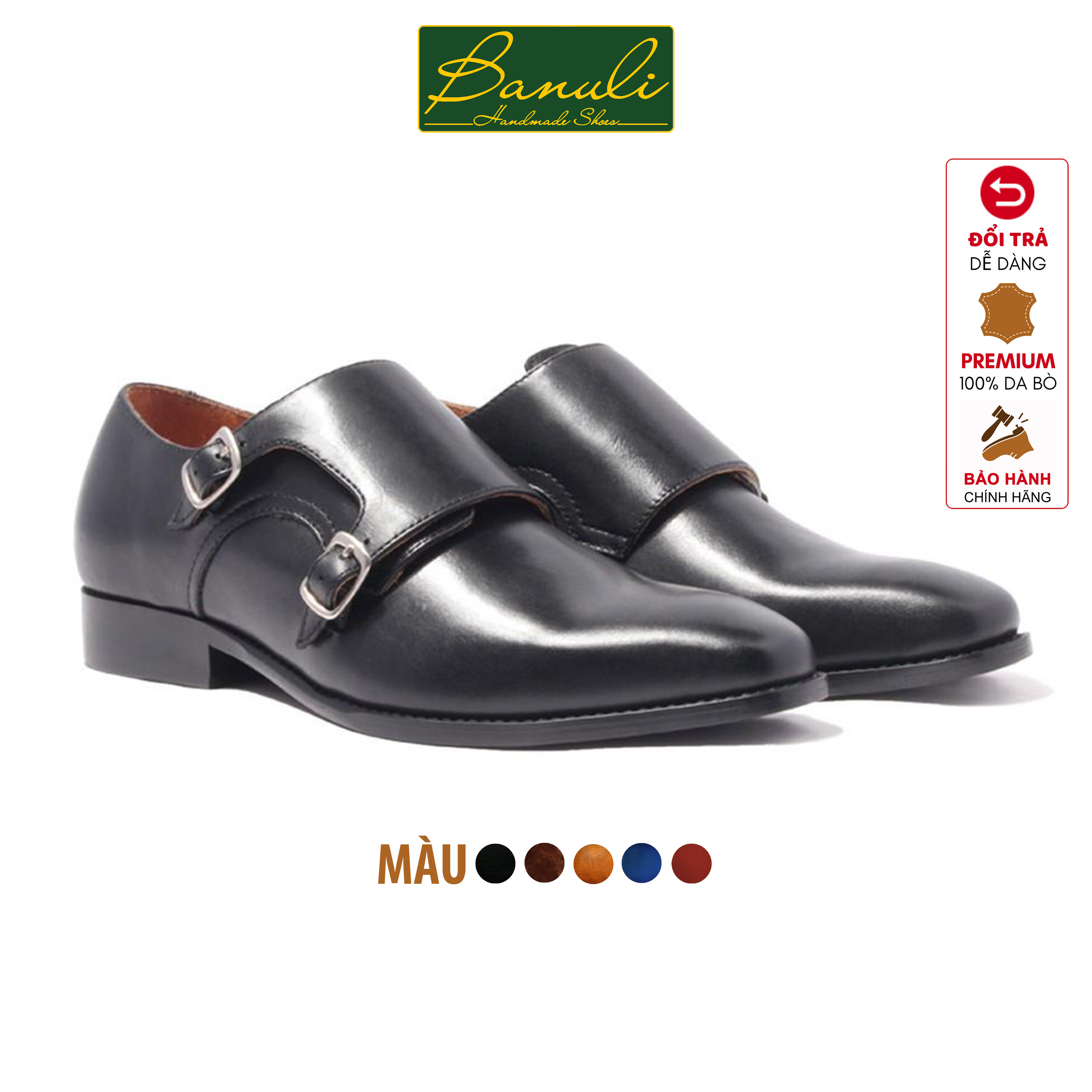 Giày Tây Nam Công Sở Khoá Cài Banuli  Da Bê Italian Double Monk Strap H1DS1 (Da Veg Itali Mềm Dẻo, Đế Siêu nhẹ, Bảo Hành Trọn Đời)