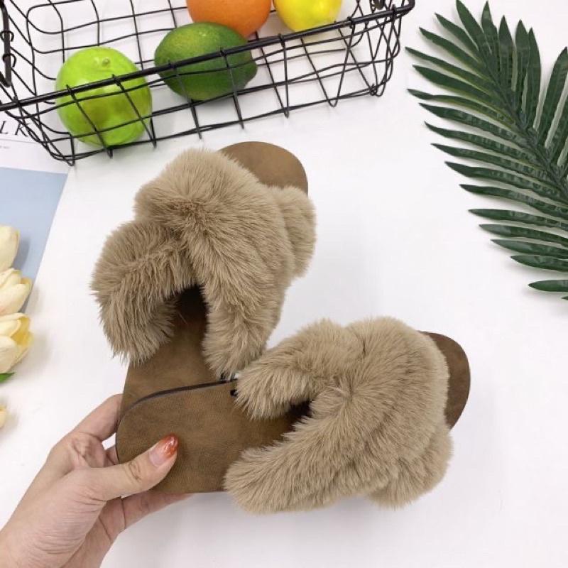 Dép lông thỏ quai chéo