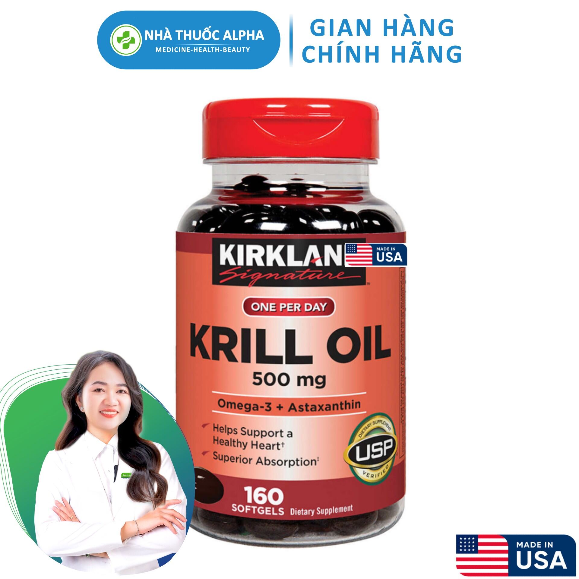 Dầu nhuyễn thể (dầu tôm) Kirkland Signature Krill Oil 500mg 160 Viên