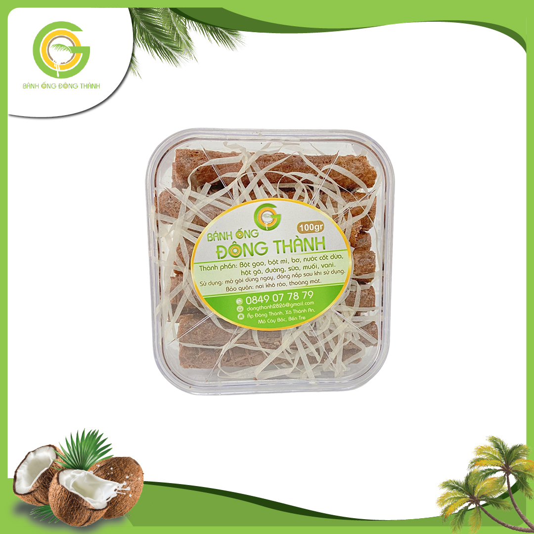 Bánh ống Đông Thành thơm ngon hộp vuông - Bánh ống xứ dừa - Đặc sản Bến Tre hộp vuông