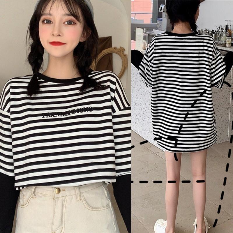 Áo thun tay dài cổ tròn hoạ tiết kẻ sọc thiết kế dáng rộng thoải mái