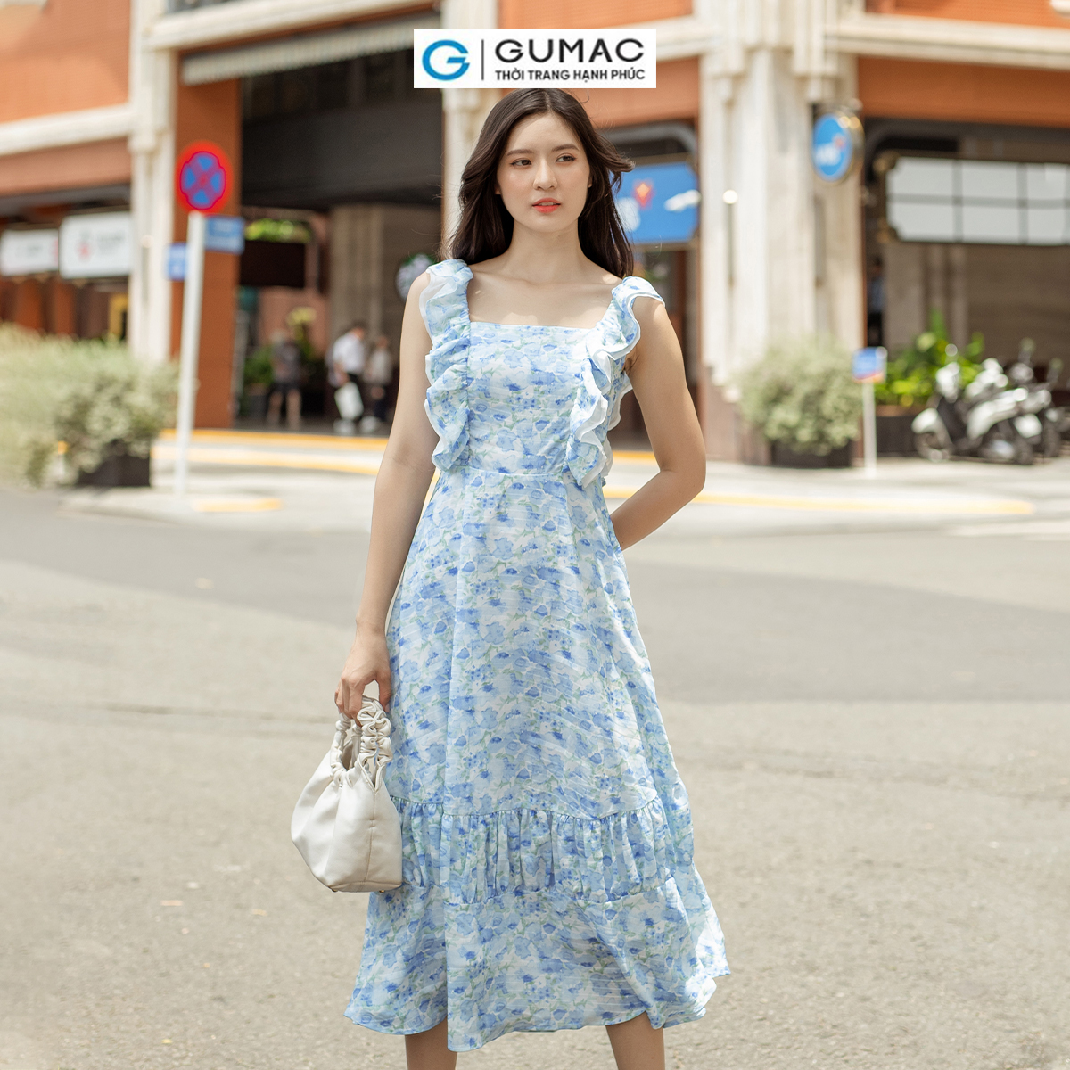 Đầm dáng xòe 2 dây phối bèo vải tơ nữ tính thanh lịch thời trang GUMAC DD06023