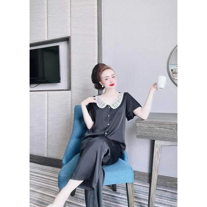 Đồ Ngủ Lụa Satin Quần Dài, Bộ mặc Nhà Cổ ren Tay Xòa Chất Vải Mát, Ít Nhăn Phom Thoải Mái, Dưới 58kg