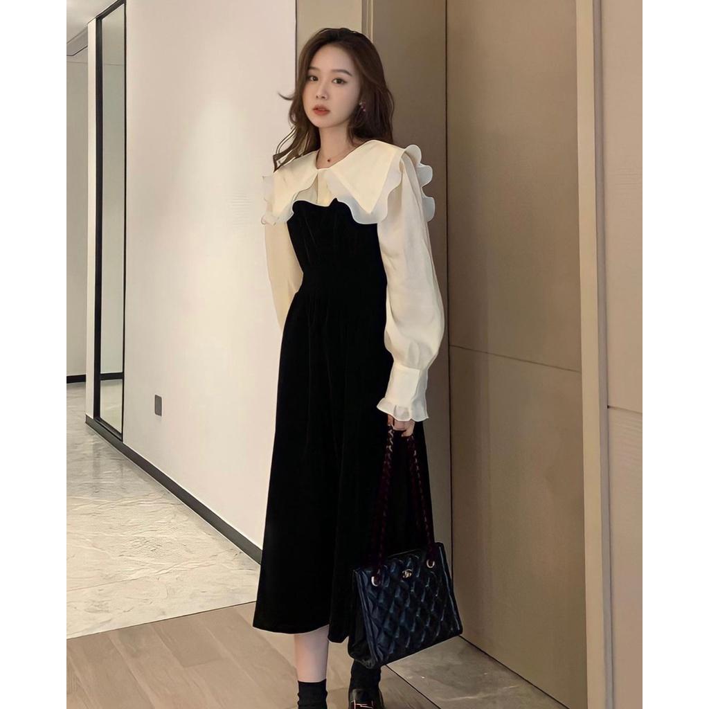 Váy nhung đen cổ bèo vintage tiểu thư sang chảnh