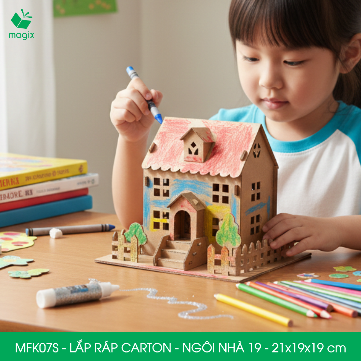 MFK07S - 21x19x19 cm - Mô hình ngôi nhà lắp ráp từ bìa carton cao cấp, nhà giấy carton mini sáng tạo