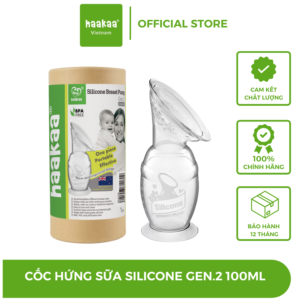 Cốc hứng sữa Gen.2 Haakaa. Chất liệu silicone cao cấp, mềm mại. Không chứa BPA, PVC và phthalate. Dung tích 100nl và 150ml