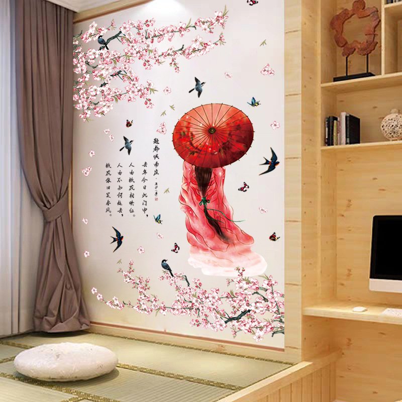 Decal dán tường hoa đào cô gái cổ trang