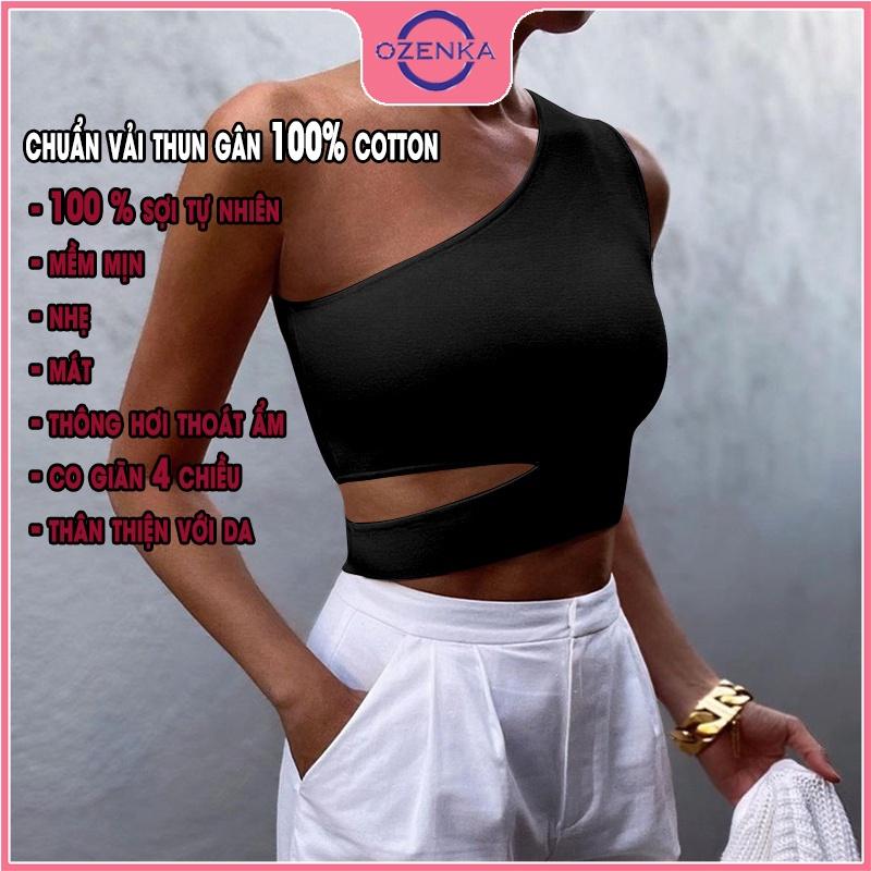 Áo croptop trễ vai sát nách nữ, áo thun nữ không tay ôm body cắt khoét eo gợi cảm màu đen trắng dưới 50 kg