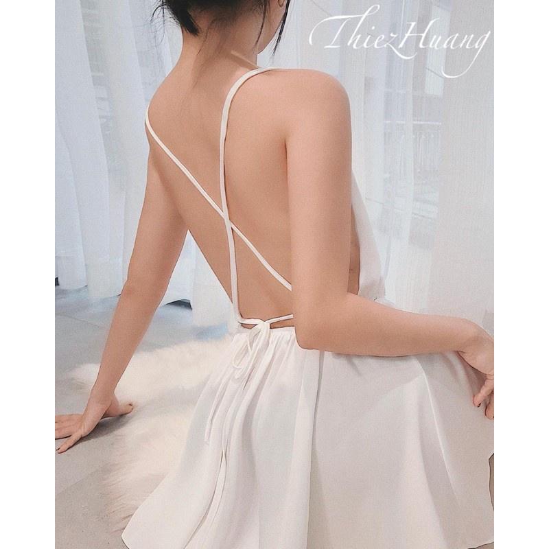 Váy ngủ nữ, váy 2 dây cổ đổ hở lưng chất lụa satin, có kèm quần ngắn bên trong, phom váy đẹp, gợi cảm cho phái nữ