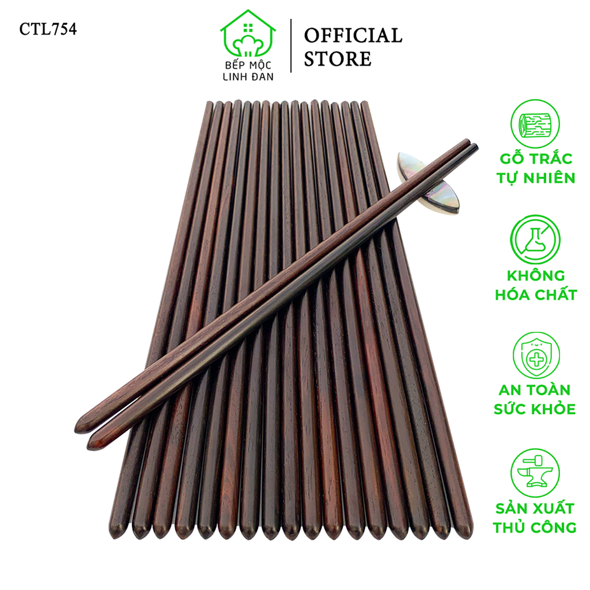Đũa Gỗ Trắc Tự Nhiên Siêu Sạch HAHANCO Đầu Búp Cách Điệu Bộ 10 Đôi