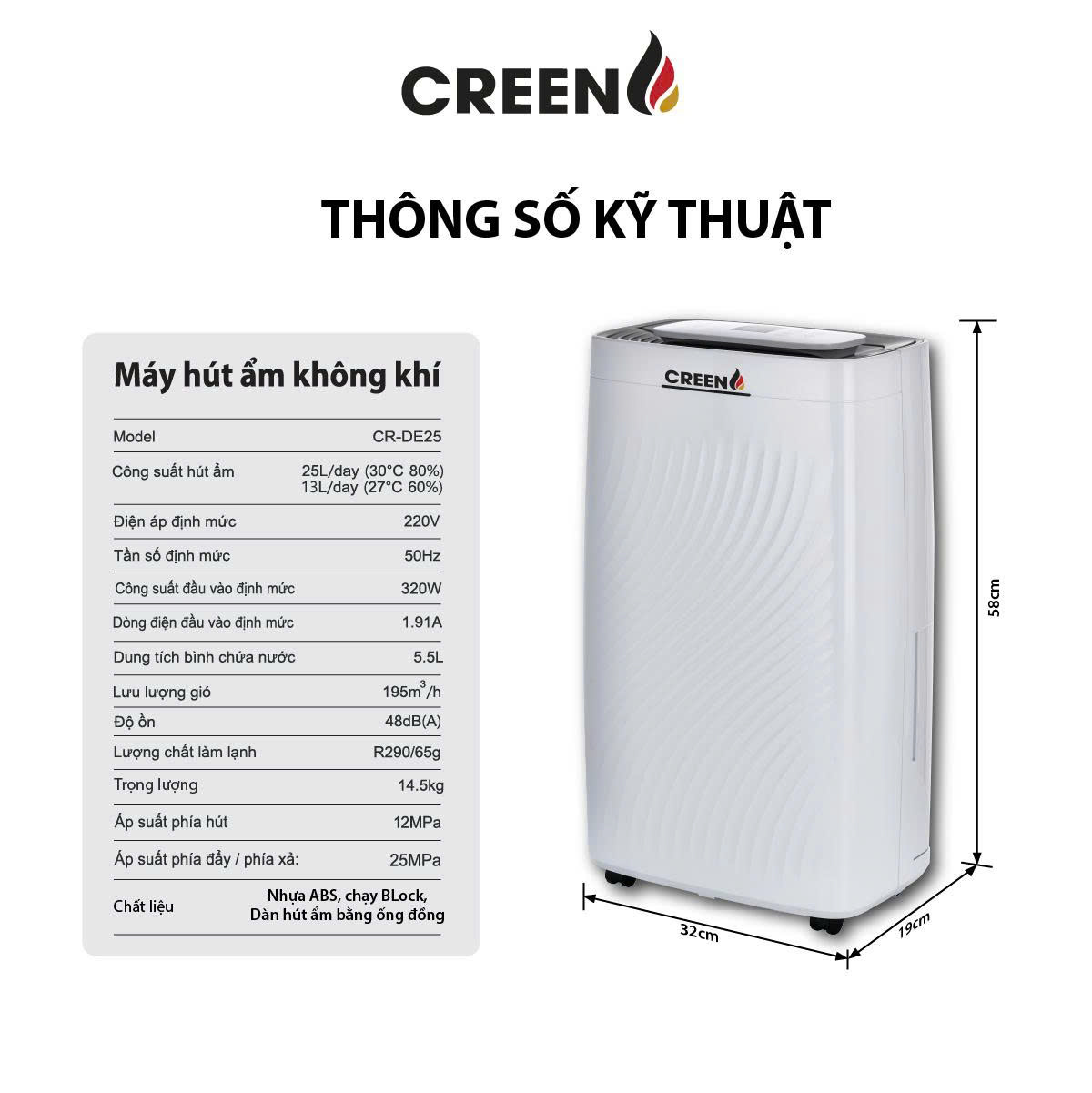 (Model New) Máy Hút Ẩm Lọc Không Khí Creen CR-DE25 - Công Suất 25L/ngày, Khử Khuẩn, Sấy Quần Áo, Hàng Chính Hãng