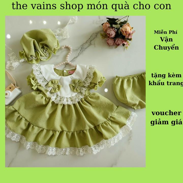 Đầm Lolite Xanh Cốm Bé Gái 4-16kg kèm Quần và Nón