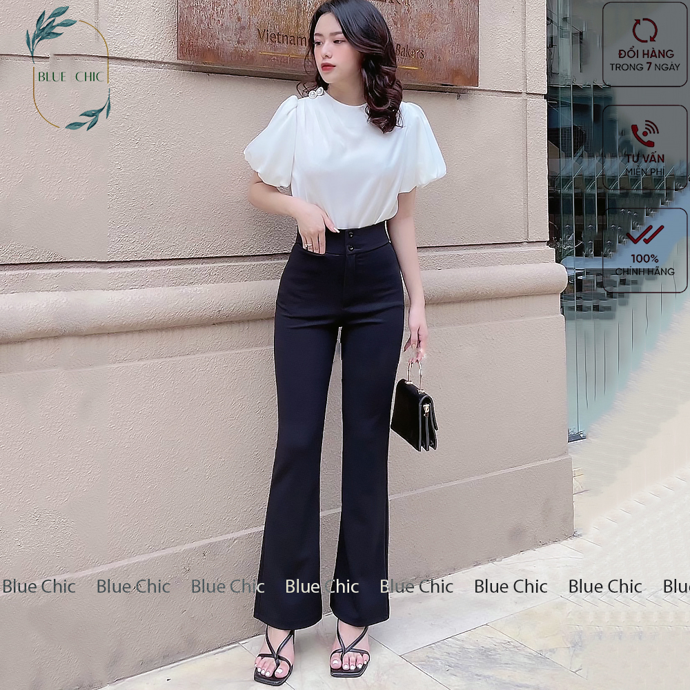 Quần ống rộng Blue Chic lưng cạp cao 2 cúc baggy vải nữ dài suông loe culottes màu đen