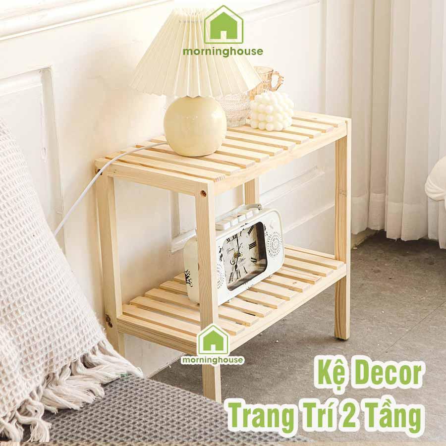 Kệ Tab Đầu Giường- Kệ Decor Gỗ Thông 2 Tầng 50cm