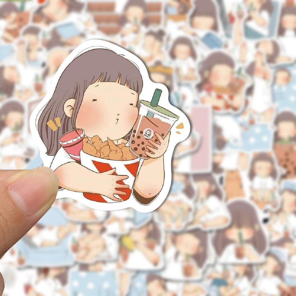 Sticker cô bé trà sữa hoạt hình cute trang trí mũ bảo hiểm, guitar, ukulele, điện thoại, sổ tay, laptop-mẫu S20
