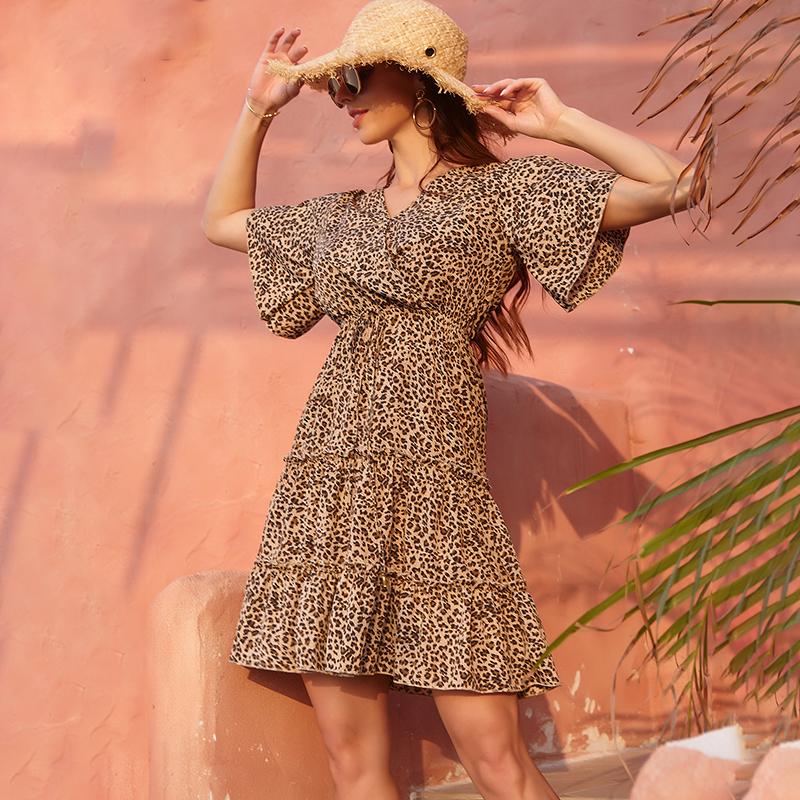 Women Mini Dress A-Line High Waist V Neck Belled Short Sleeves Ruffles Dot/Floral/Leopard Printed Holiday Beach Sundress