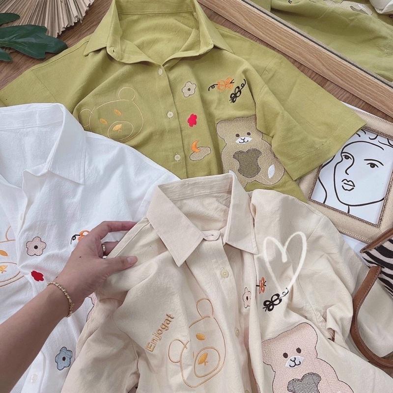 Áo sơ mi tay ngắn thêu gấu