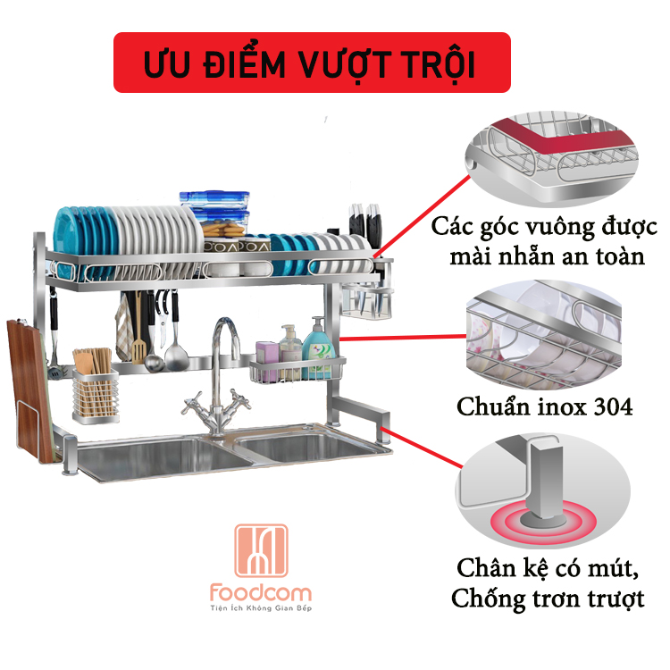 Kệ chén bát đa năng 1 tầng 66 cm dành cho bồn đơn  Foodcom bằng inox cao cấp không gỉ, giá để bát trên bồn rửa ráo nước cho nhà bếp sạch sẽ