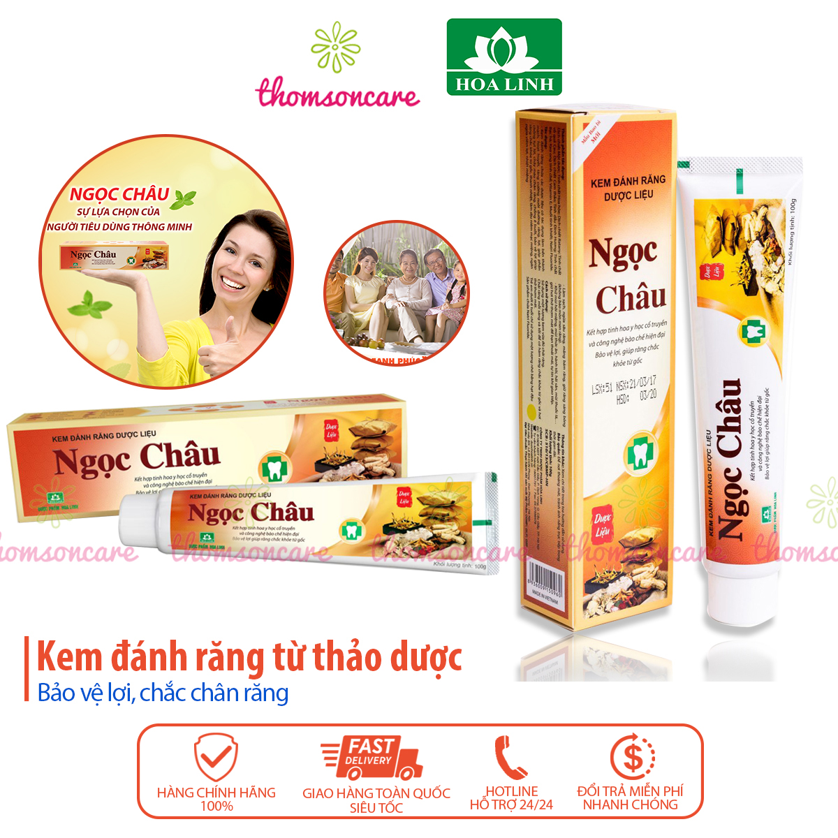 Kem đánh răng dược liệu Ngọc Châu - Tuýp 125g từ hoa hòe, muối, keo ong, vỏ cau và thảo dược