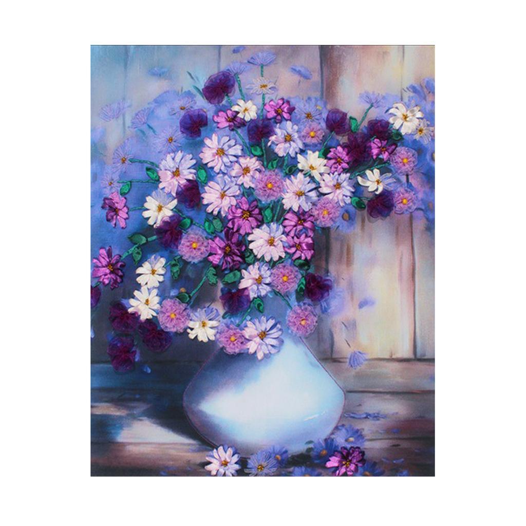 Flower Ribbon Embroidery Set Cross Stitch DIY Wall Decor 60x50cm