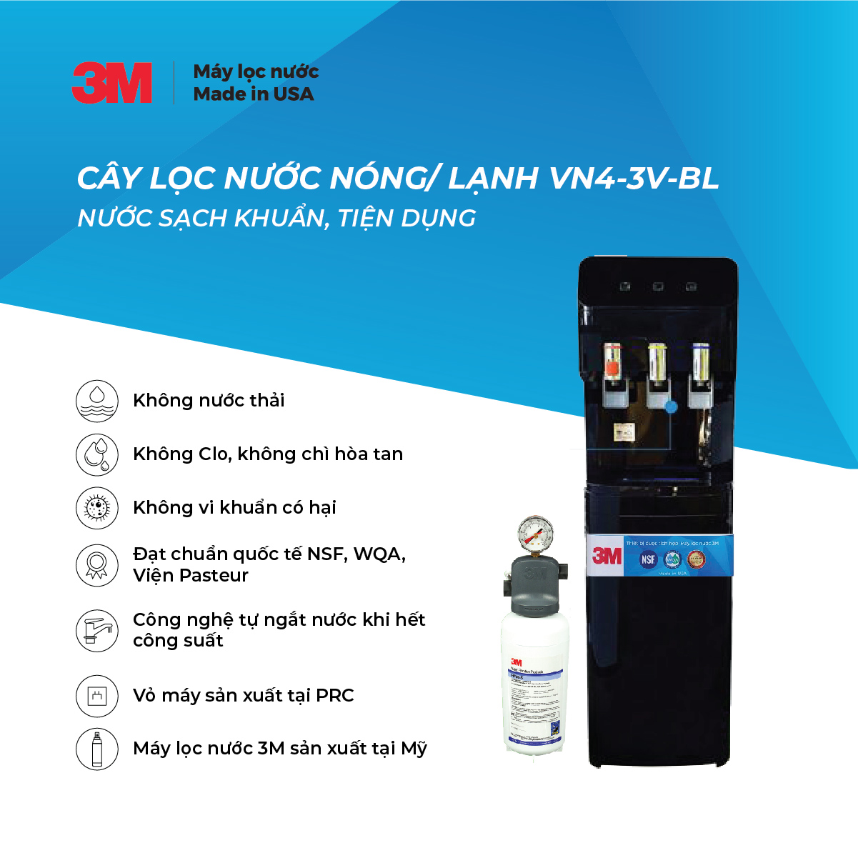 Máy Lọc Nước Nóng Lạnh 3 Vòi 3M VN4-3V Màu Đen (Sử Dụng Máy 3M ICE140-S) - Hàng Chính Hãng