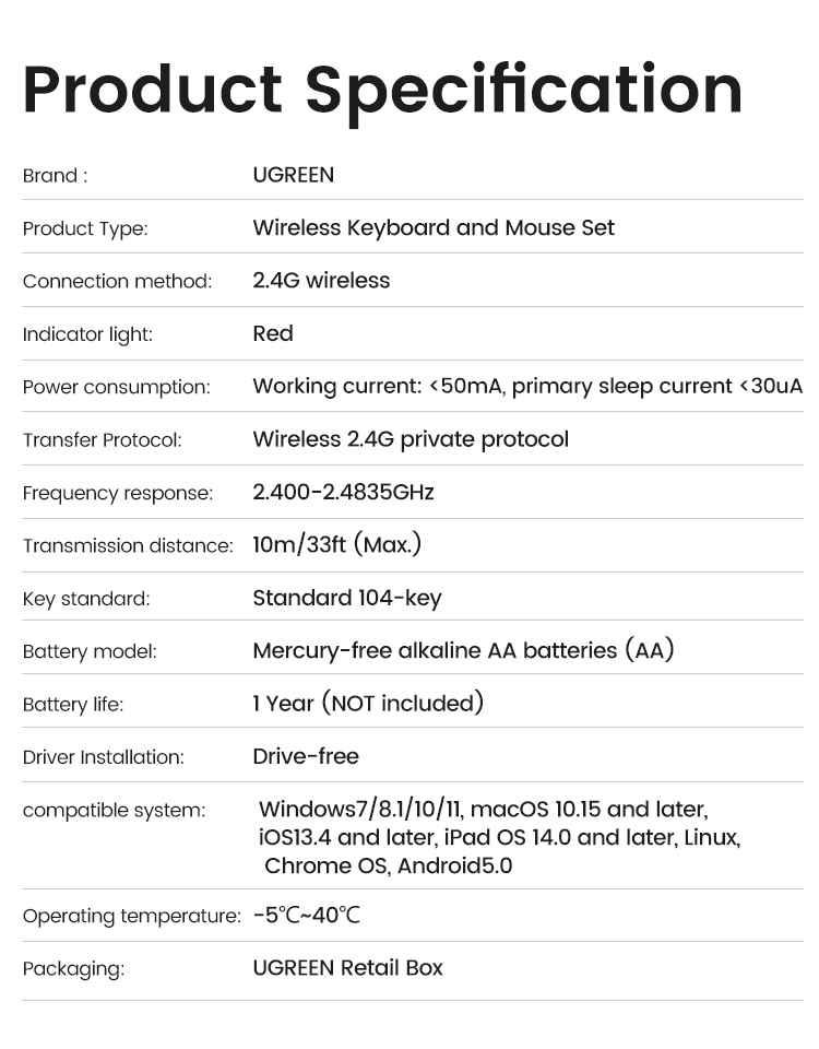 Ugreen UG90250KU004TK 2.4 GHz full size 104 có phím FN bàn phím không dây 10 triệu lần bấm wireless Keyboard cho win macos android màu đen - HÀNG CHÍNH HÃNG