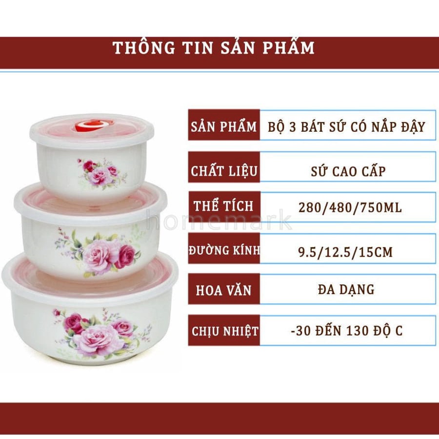 Bộ 3 Bát Sứ Nắp Hút Chân Không, Bộ 3 Bát Đựng Thức Ăn Có Nắp Đậy Dùng Được Trong Lò Vi Sóng - HÀNG CHÍNH HÃNG MINIIN