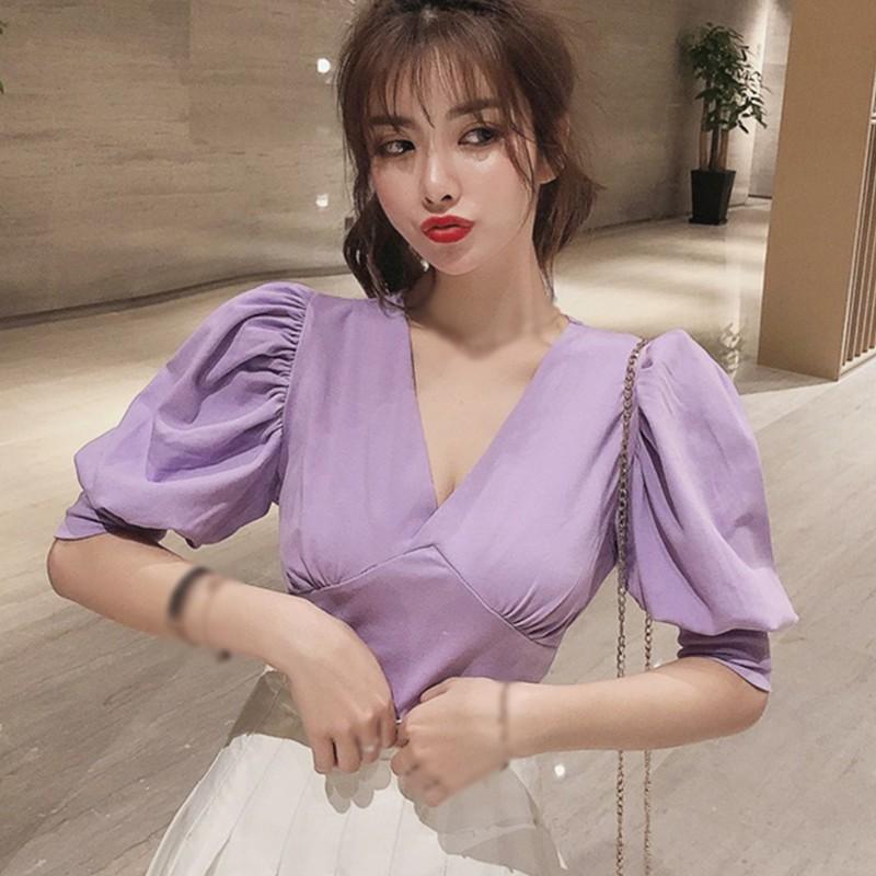 Áo Sơ Mi Tay Ngắn Cổ Chữ V Màu Trơn Thời Trang Dành Cho Nữ