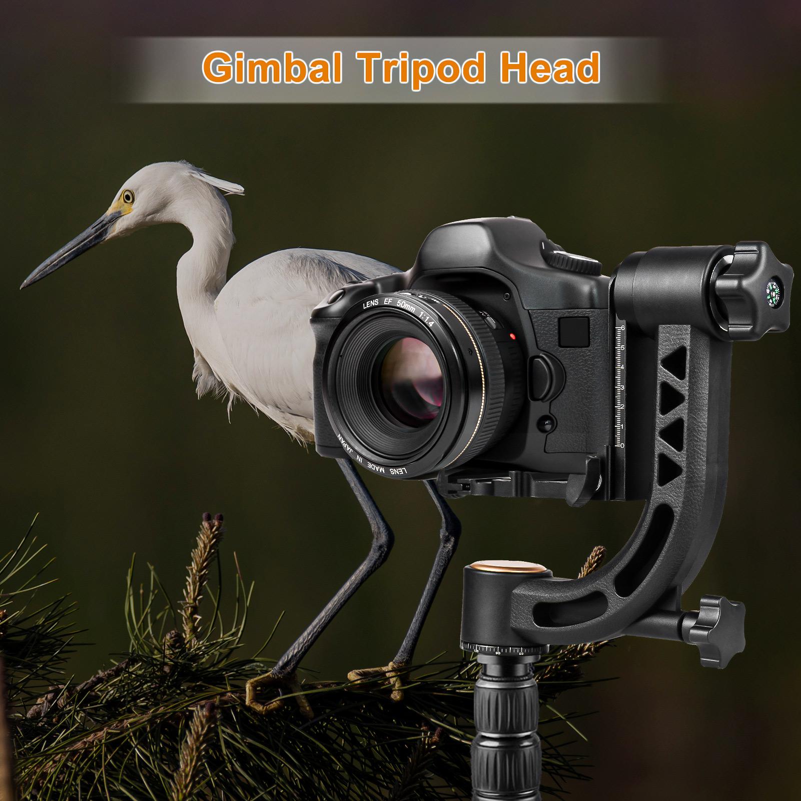 Heavy Duty 360° Panoramic Gimbal Tripod Head Aluminum Alloy 15kg/33lbs Load Capacity with 1/4 Inch Screw Quick Release Plate Bubble Level for DSLR Cameras