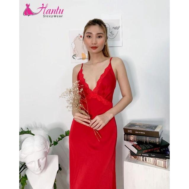 Váy ngủ lụa 2 dây dáng dài qua gối mặc nhà ,đi chơi sang trọng tặng kèm chip ren gợi cảm