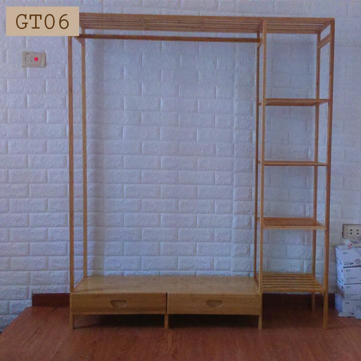 Giá treo quần áo bằng gỗ đa năng có ngăn kéo và kệ để đồ GT06