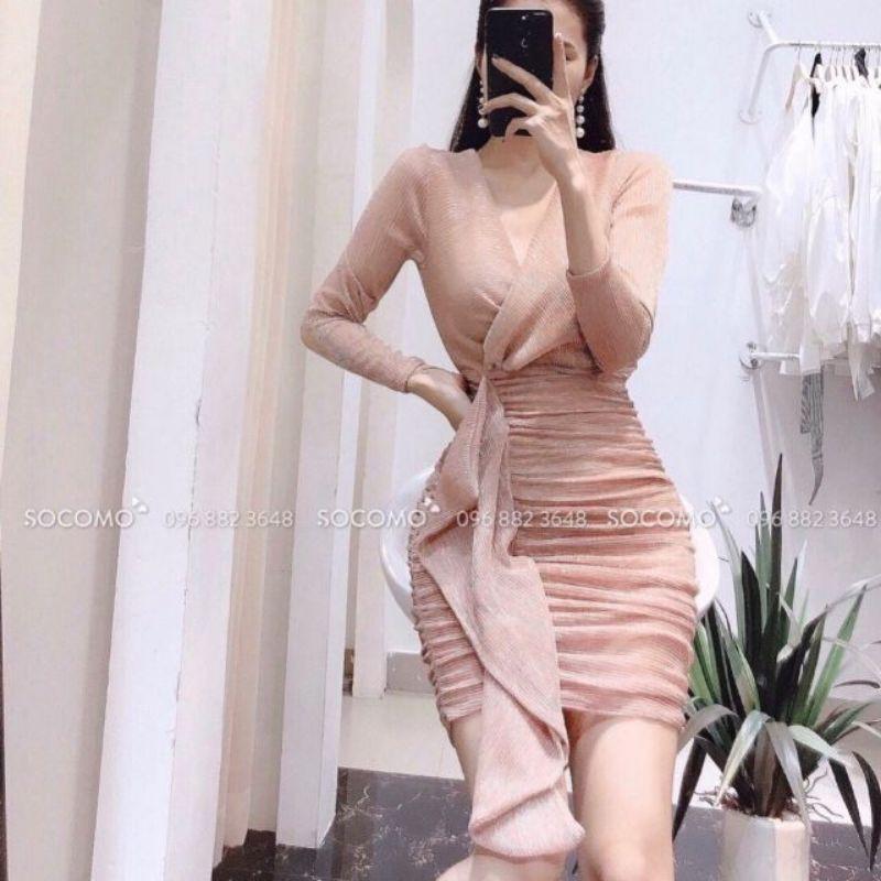 Đầm ôm nhũ kim tuyến ( Size S-M-L-XL ) tay dài cổ V đắp chéo eo phối bèo HÀNG THIẾT KẾ Cao Cấp