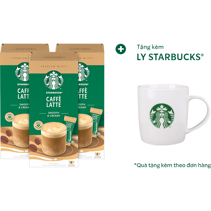 Combo 3 hộp Cà phê hoà tan cao cấp  Starbucks Caffè Latte (Hộp 4 gói x 14g) - [Tặng 1 Ly sứ Starbucks]