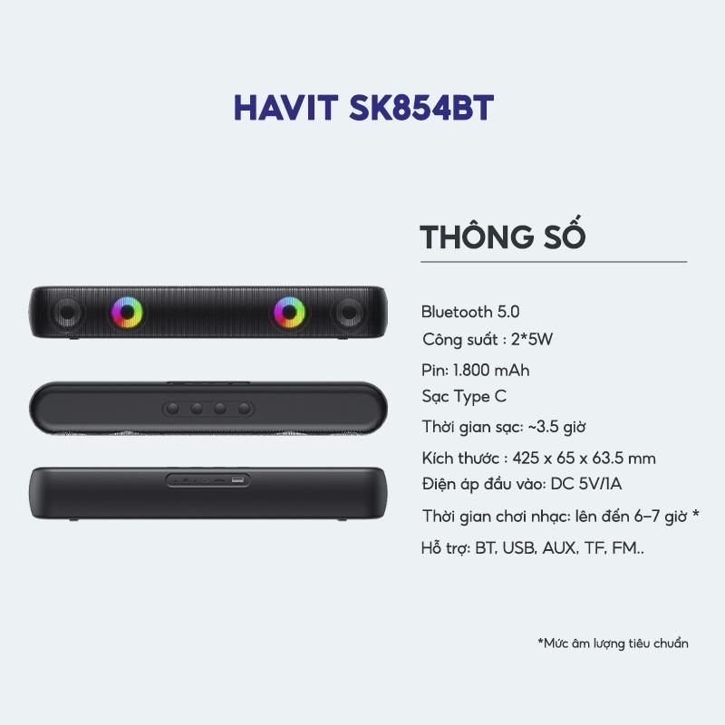 Loa Bluetooth HAVIT SK854BT, Công Suất 2*5W Mạnh Mẽ, Hiệu Ứng Đèn RGB, Thời Gian Nghe 7H - Hàng Chính Hãng