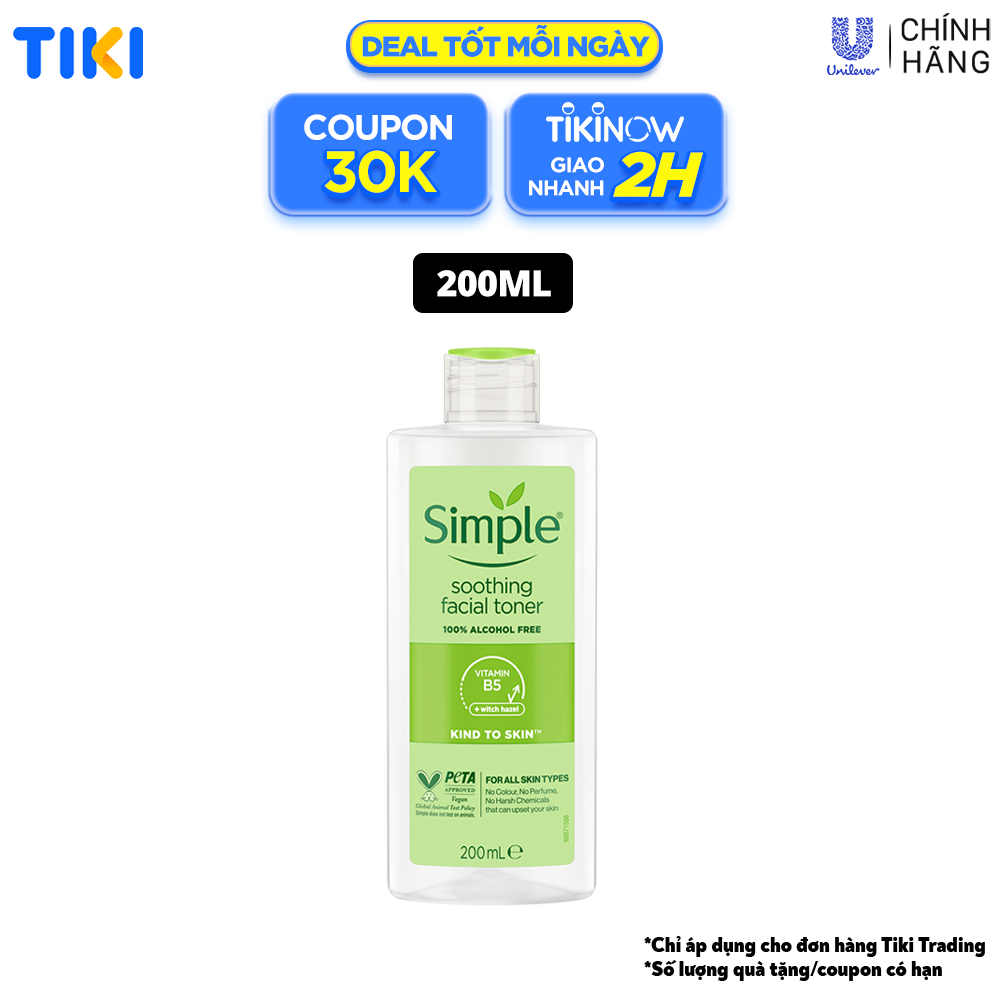 Nước hoa hồng Simple Toner làm dịu và cân bằng độ ẩm cho da - lành tính không chứa cồn 200ml