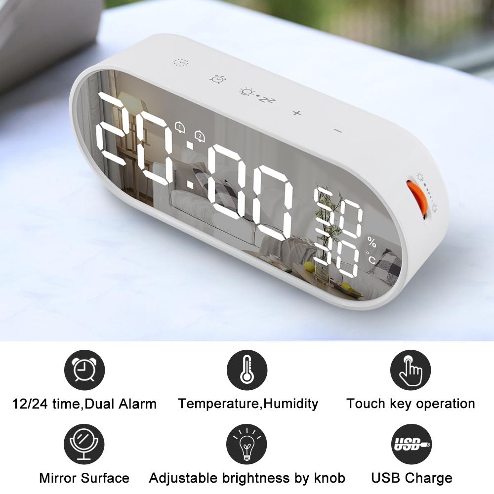 Mirror Digital Alarm Clock Touch Control Table Clock 2 Alarm Clock with Snooze Backlight Adjustable Large LED Display Time Temperature Humidity Detector Desktop Home Decor