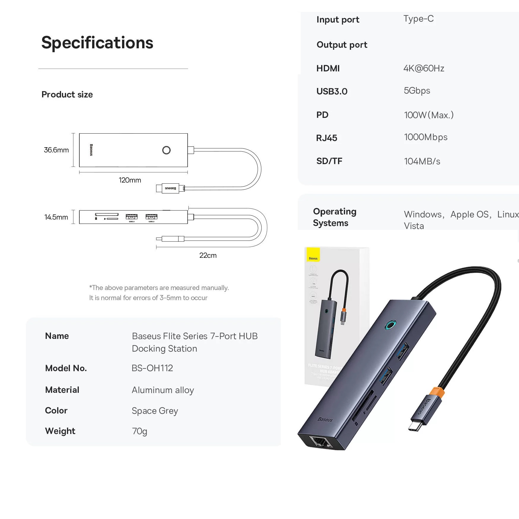 [ Ultrajoy 7 in 1 ] Hub C đa năng mở rộng cổng Macbook và laptop type C ra 7 cổng Baseus Flite  docking station BS-OH112  _ Hàng chính hãng