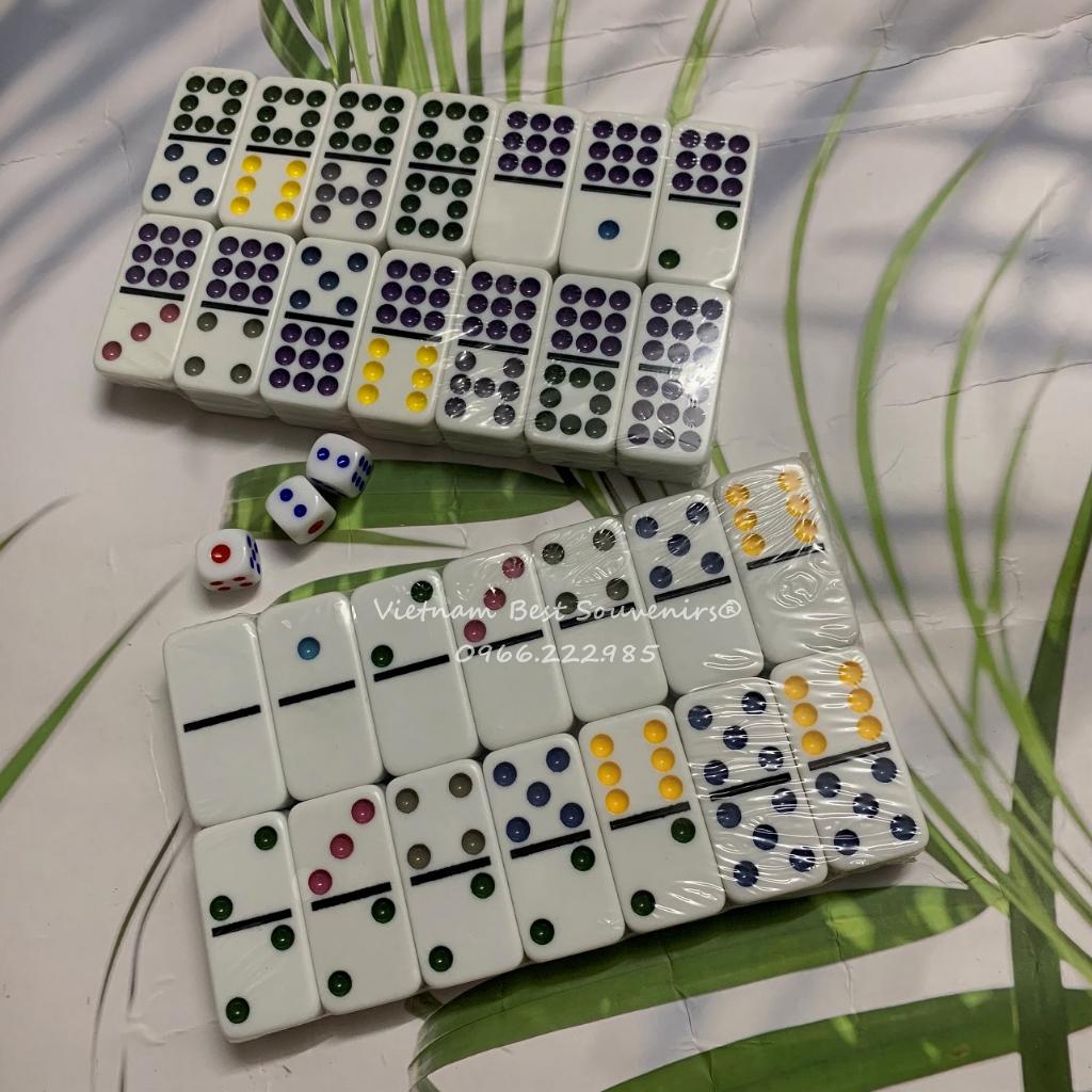 Bộ cờ Domino 28 quân, 6 chấm màu đựng trong hộp thiếc