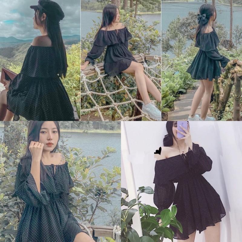 Váy Nữ liền Tay Dài Màu đen chấm bi trắng hở vai thiết kế quyến rũ phối tay xoè