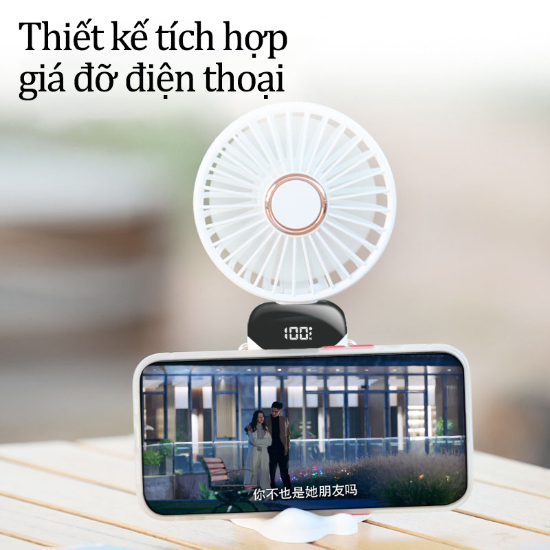 Quạt Cầm Tay Mini Sạc Pin Tích Điện 5 Cấp Độ Gió Gấp Gọn Dung Lượng Pin Cao Có Màn Hình Hiện Thị % Pin Và Cấp Độ Gió Kèm Đế Để Điện Thoại Và Dây Đeo Cổ- Giao Màu Ngẫu Nhiên Hàng Nhập Khẩu