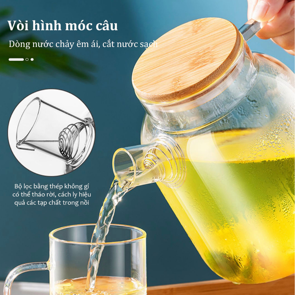 Bình pha trà, hoa trà, thảo mộc bằng thủy tinh nắp gỗ sang trọng 1800ml