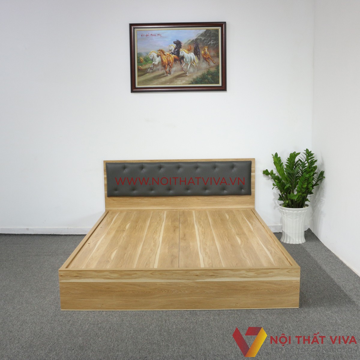Giường Ngủ Gỗ MDF Melamine Vân Gỗ Vàng Sọc Có Hộc Kéo + Đầu Nệm Đen Đẹp