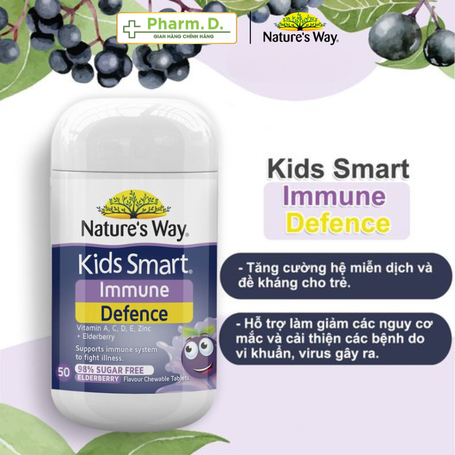 Kẹo Nhai NATURE'S WAY Kids Smart Immune Defence Chewable Giúp Bổ Sung Vitamin Cho Bé (Hộp 50 Viên)