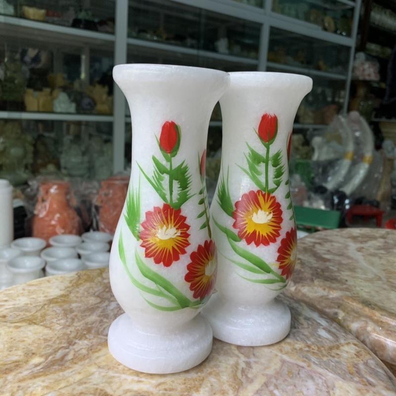 Cặp Bình Vẽ Hoa Đá Trắng - cao 18.5cm