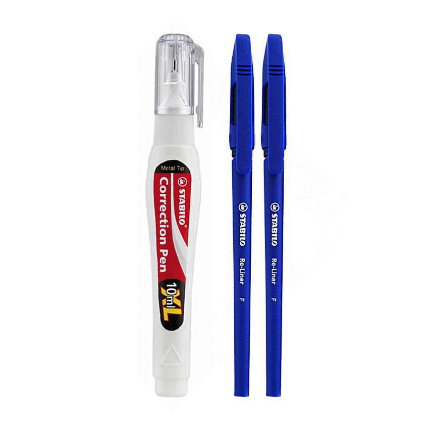Bộ 2 cây bút bi STABILO Re-Liner 868 0.7mm màu xanh + bút xóa STABILO Correction Pen (BP868F-C2A)