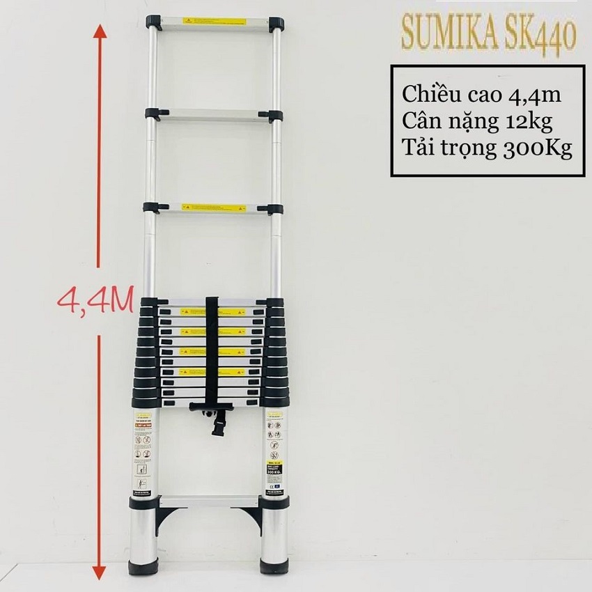 Thang Rút Đơn, Thang nhôm rút gọn SUMIKA SK440 - Chiều cao tối đa 4.4m, chiều dài rút gọn 0.92m, hợp kim nhôm cao cấp, khóa chốt chắc chắn, đế cao su chống trượt, nhỏ gọn - Luôn Có Phụ Kiện Thay Thế