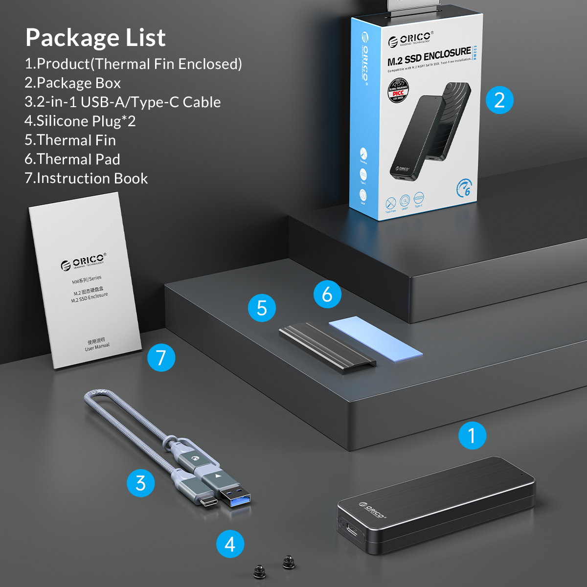 Hộp Ổ Cứng SSD ORICO HM2C3-BK-USB3.1 Gen1 Type-C 6Gbps M.2 SATA SSD- Hàng Chính Hãng