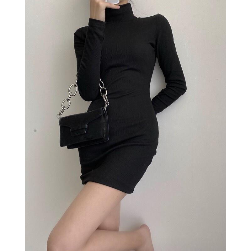 Đầm body cổ lọ nữ dài tay, đầm ôm body dáng dài chất thun gân co giãn phong cách sexy tôn dáng cực đỉnh VAY016