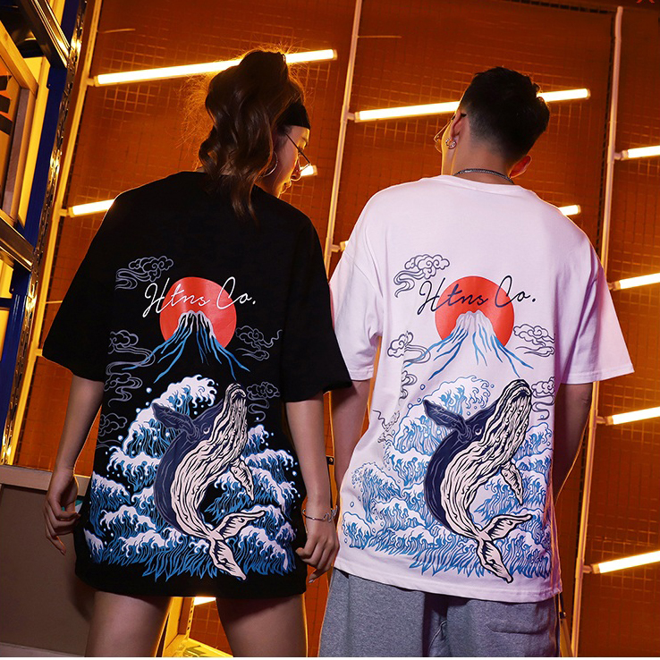Áo thun in hình cá voi Ukiyo-E Whale Wave cổ điển - Áo unisex nam nữ - Trắng - 3XL