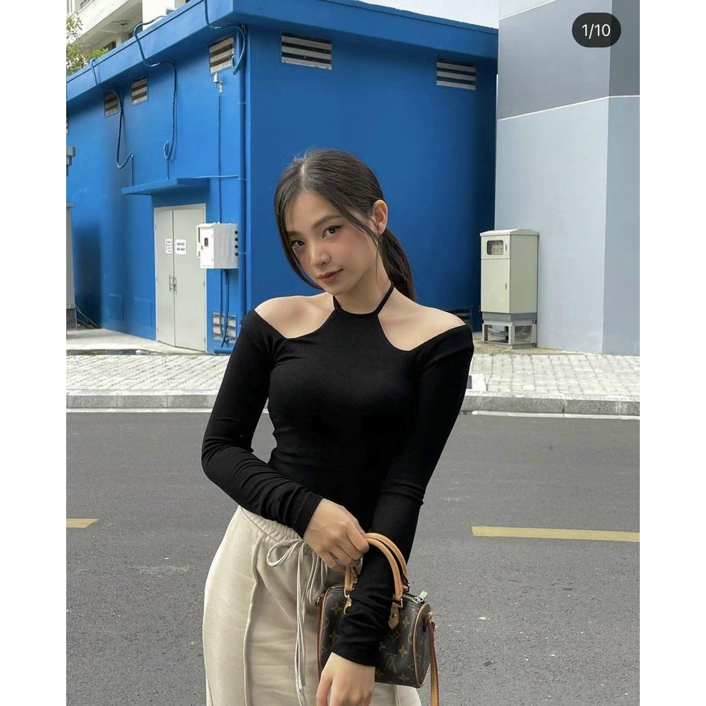 Áo trễ vai tay dài dây yếm hở vai - trễ vai croptop dây yếm thun gân BARE - AO056